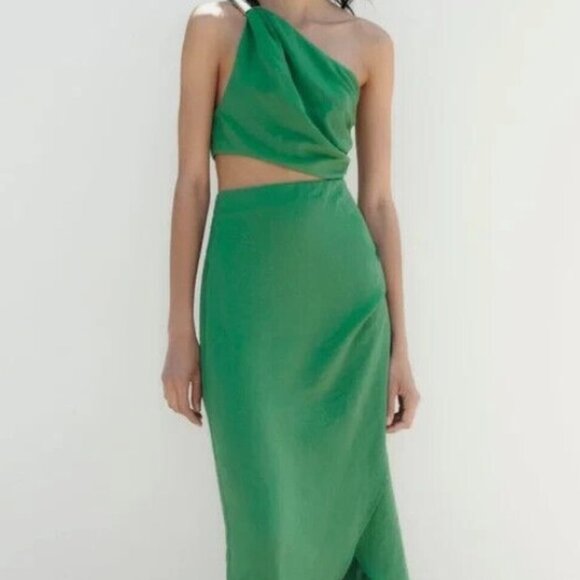 ZARA Green Cutout One Shoulder Linen Dress Size S - Picture 1 of 4